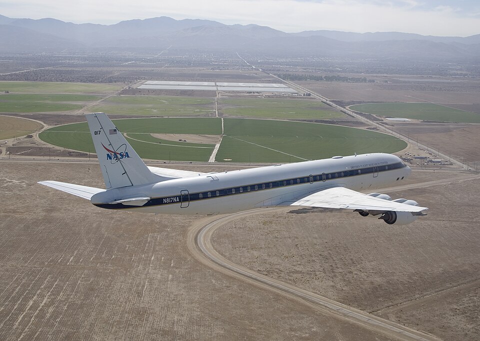 Agricultural fields spread out beyond NASA's DC-8 airborne science laboratory as it heads for landing at Air Force Plant 42 in Palmdale, Calif (ED07-0256-17).jpg